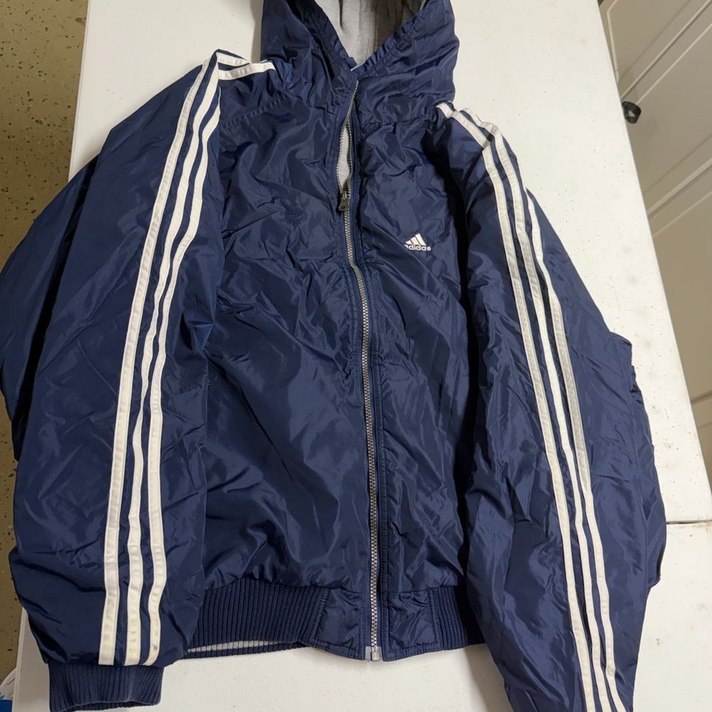 adidas Navy Blue Hooded Track Jacket with White Stripes